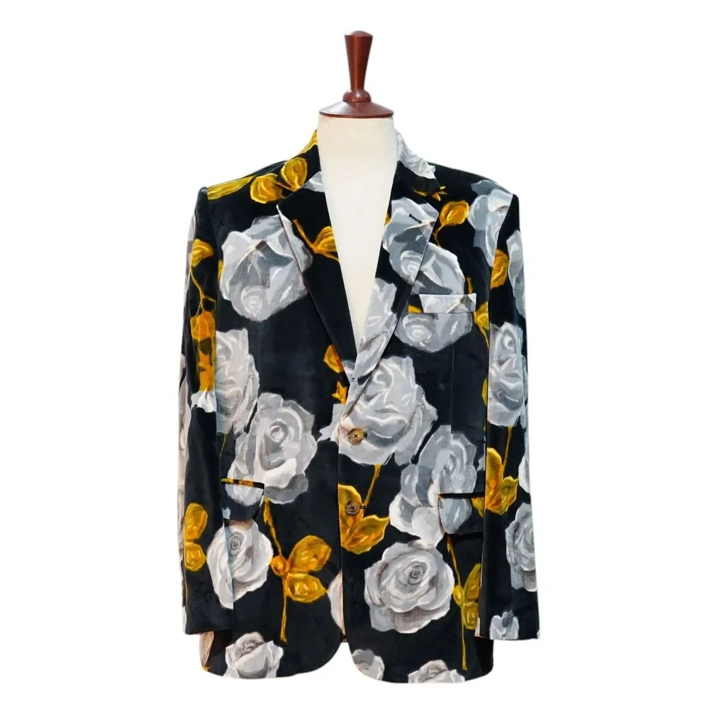 Mens Velvet Sport Coat 44R Black Gray Gold Rose Floral Blazer 2 Button Party